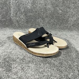 BZees Bora Bright Women's Sz 7 M Black Tan Machine Washable Thong Wedge Sandals